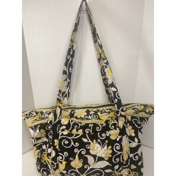 Floral Bird Vera Bradley Tote Bag Black Yellow Large Travel - Picture 1 of 4